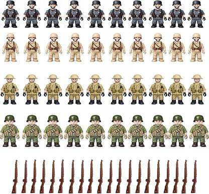WW2 Army Men 40 Pcs Set -Compatible with Major Building Bricks 10 US 10 British 10 French 10 German Soldiers - for Dioramas &amp War Games