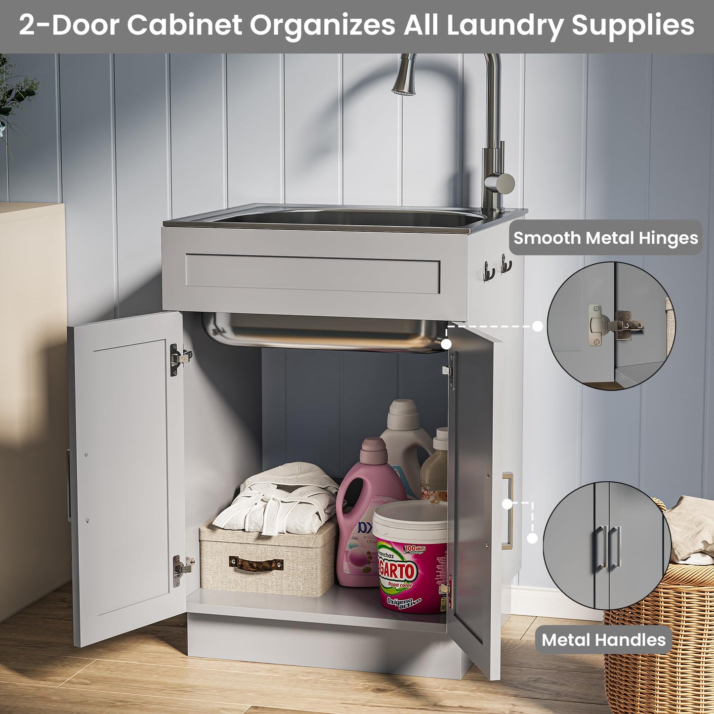 ANCTOR 24 Inch Laundry Sink with Cabinet, Stainless Steel Utility Sink Cabinet with Pull-Out Hot/Cold Faucet Metal Hooks Freestanding Deep Utility Sink for Laundry Utility Room Kitchen Garage