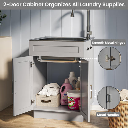 ANCTOR 24 Inch Laundry Sink with Cabinet, Stainless Steel Utility Sink Cabinet with Pull-Out Hot/Cold Faucet Metal Hooks Freestanding Deep Utility Sink for Laundry Utility Room Kitchen Garage