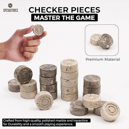 Marble Checkers Set 15 Inches Handmade Oceanic &amp Travertine Checkers Board Game with Checker Pieces - Board Games for Adults Game Table Accessories Gifts &amp Home Décor