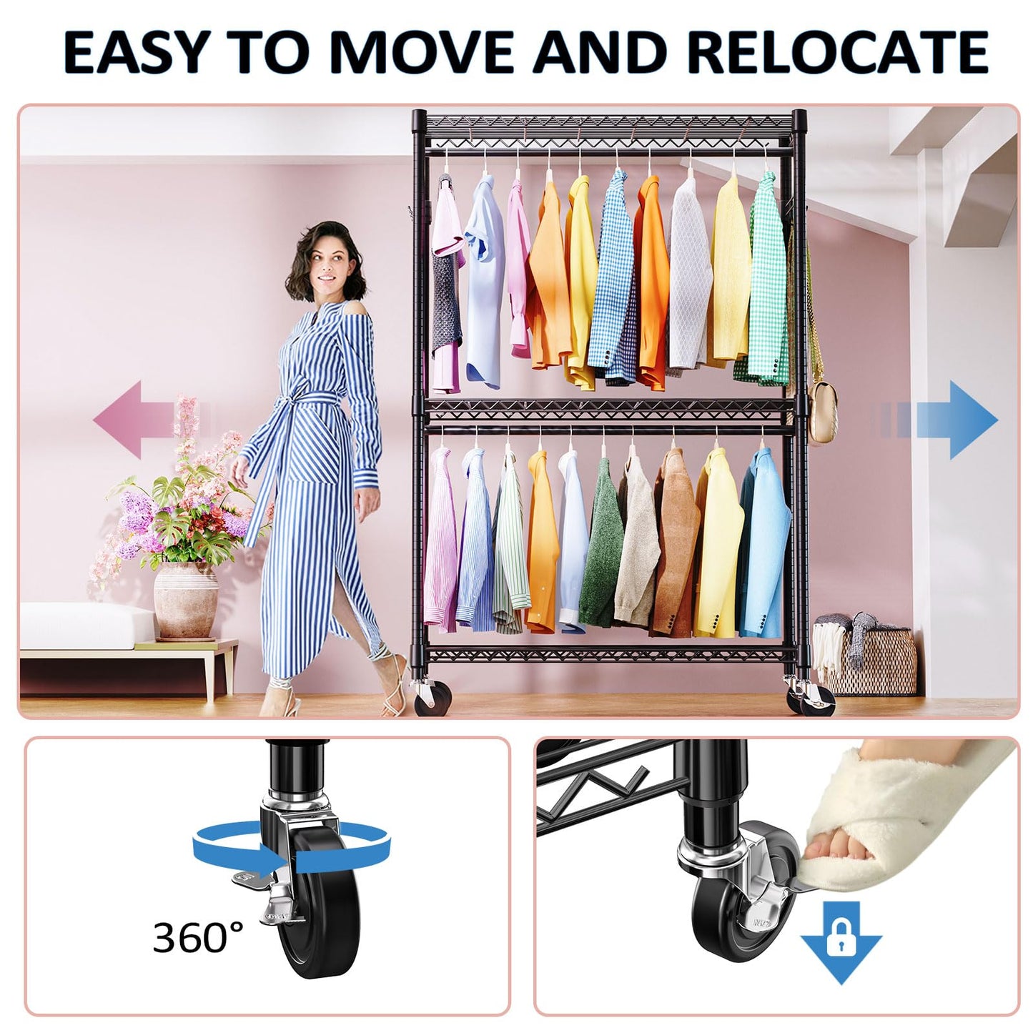 IZEUK Heavy Duty Rolling Garment Rack Wire Clothes Rack for Hanging Clothes (Black, 3 Tier with 2 Rod, 15.7" D x 45.3" W x 79.6" H)