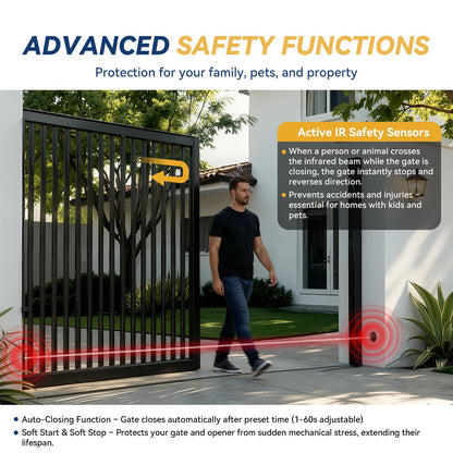 Hanchen WiFi App, Remote, & Keypad Controls – 5300lb Heavy Duty Sliding Gate Opener, AC Powered No Solar Needed, Chain Drive, 1-5/8HP Motor, IR Sensor Kit for 40ft Gate