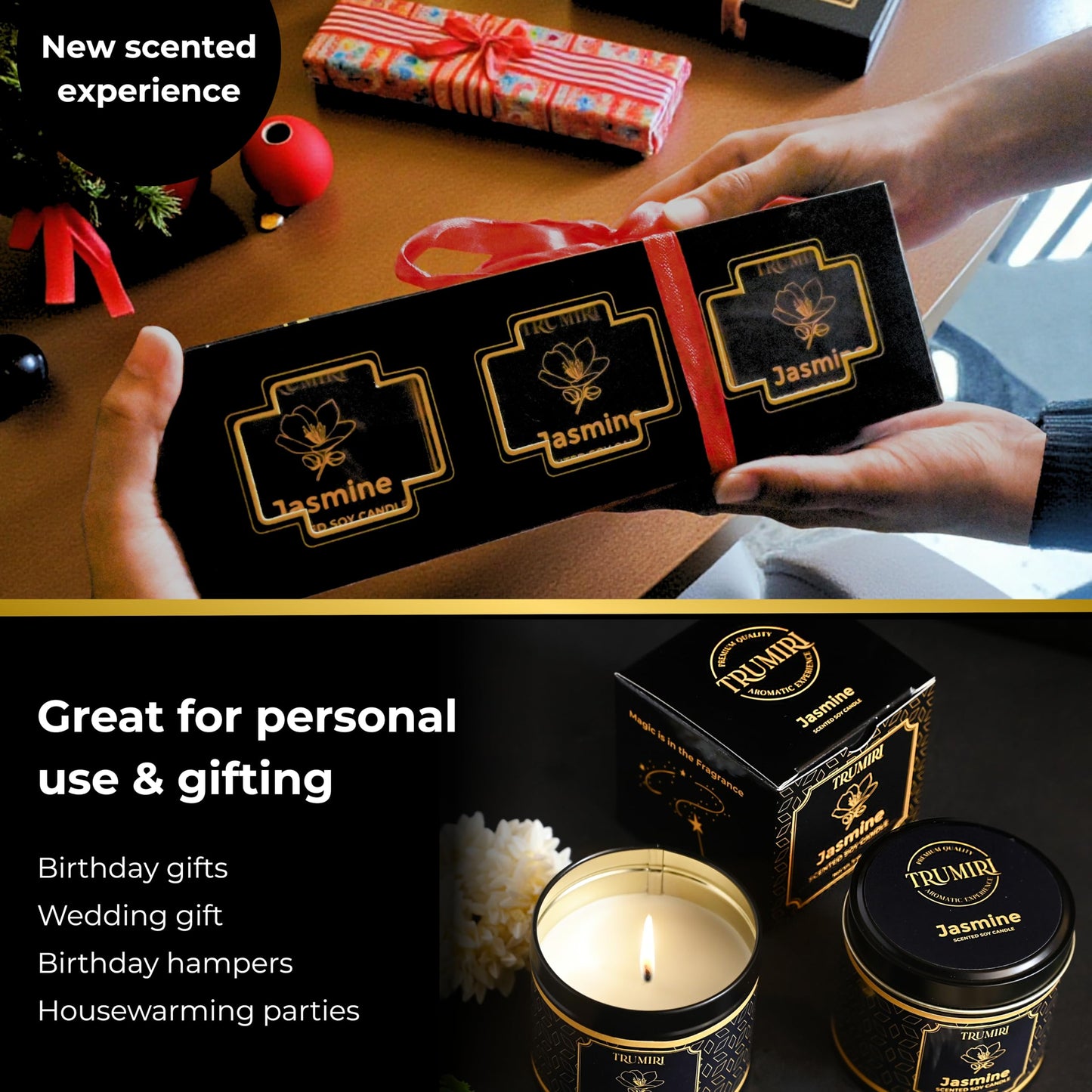Jasmine Candle Strong Scented Soy Candel Clean Non Toxic Velas Aromáticas for Women Gift for Diwali Pack of 3 5Oz Decorative Tin Jars with Lids