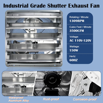 Hiorucet 20 Inch Shutter Exhaust Fan Wall Mounted, 3500CFM High Speed Low Noise Aluminum Louvered Exhaust Fan with 1.8m Power Cord for Greenhouse, Garage, Shop, Attics, Chicken Coop Ventilation Fan.