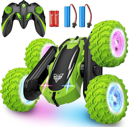 KKONES Remote Control Car 2.4GHz Electric Race Stunt Car Double Sided 360° Rolling Rotating Rotation LED Headlights RC 4WD High Speed Off Road Gift for 3 4 5 6 7 8-12 Year Old Boy Toys (Green)