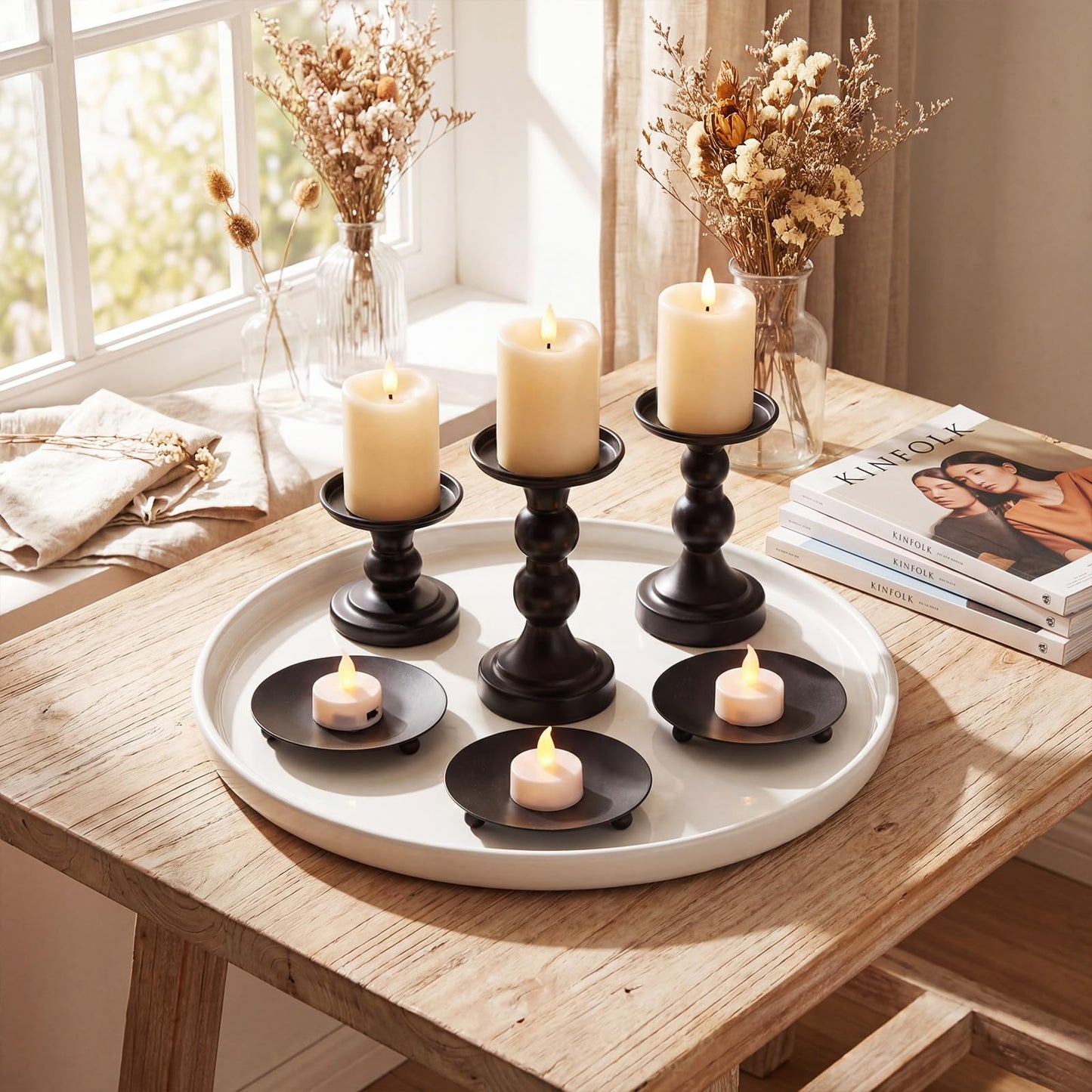Vesici 12 Pcs Candlestick Holder Plate Pillar Candle Holder Candles Stand Decorative Centerpieces for Table Wedding Events Party Living Room Housewarming Gift (Baking Paint,Size 2,Black)
