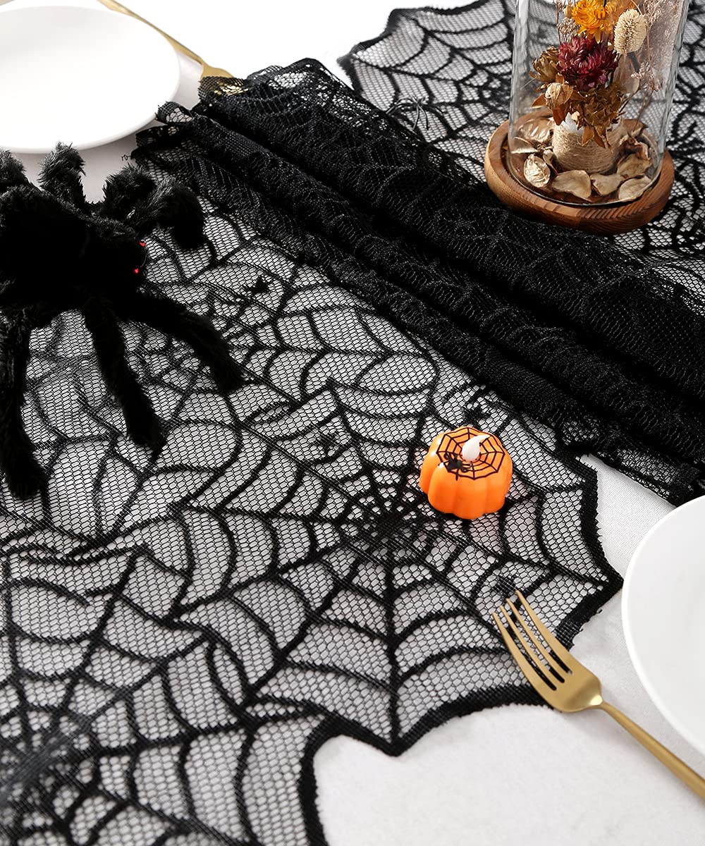 Halloween Table Runner: Black Lace Spider Web Table Runners 2 Packs 18 x 72 Inches for Halloween Decor, Vivid Polyester Spider Web Table Runner for Halloween Masquerade Party Dinner Table Decorations