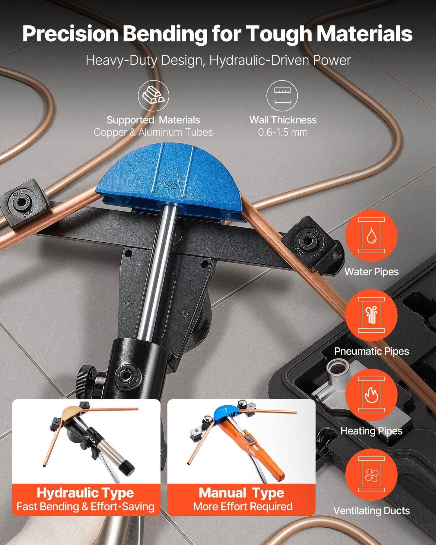 VEVOR Hydraulic Tubing Bender Kit, 1/4 to 7/8 Inch, Copper Tube Pipe Bender, Forward/Reverse HVAC Bending Tool, with 7 Color Aluminium Alloy Dies, for HVAC Air Conditioning Refrigeration Auto Repair