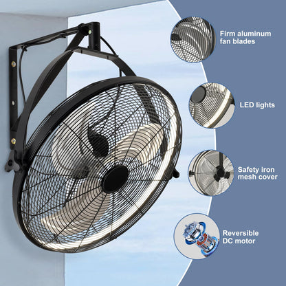 AHAWILL 20 Inch Wall Mount Fan with Lights,6-Speed High Velocity Wall Fan Dimmable Gazebo Fan,360°Adjustable Tilt Industrial Outdoor Fans for Patio,Garage,Workshop,Commercial,Black