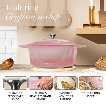 Nuovva Enamelled Cast Iron Dutch Oven Pot with Lid 6.4 Quart Non Stick Casserole Pot – Heavy Duty & Oven Safe up to 500° F for Bread Baking, Braising, Stews, Roasting – 28cm Pink