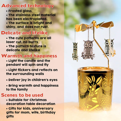 iLajao Candle Carousel Rotary Candle Holder Christmas Carousel Spinning Tealight Candleholder Christmas Decoration Centerpieces for Tables Valentine Easter (Golden Owl)