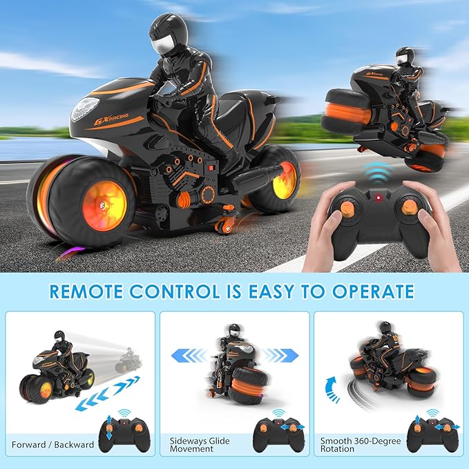 Remote Control Motorcycle for Kids 5-12 2026 New Edition RC Stunt Bike with Sideways Glide RGB Color-Changing Wheels 2.4GHz Anti-Interference 2x1200mAh Battery Gift for Boys Girls