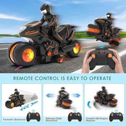 Remote Control Motorcycle for Kids 5-12 2026 New Edition RC Stunt Bike with Sideways Glide RGB Color-Changing Wheels 2.4GHz Anti-Interference 2x1200mAh Battery Gift for Boys Girls