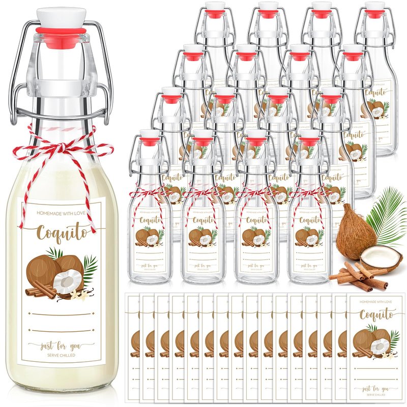 Havawish 16 Pcs Merry Christmas 8 oz Coquito Swing Top Glass Bottles with Airtight Cap Lids Labels Clear Flip Top Bottles with Stoppers for Homemade Christmas Home Brewing Beer Beverages(Coconut)