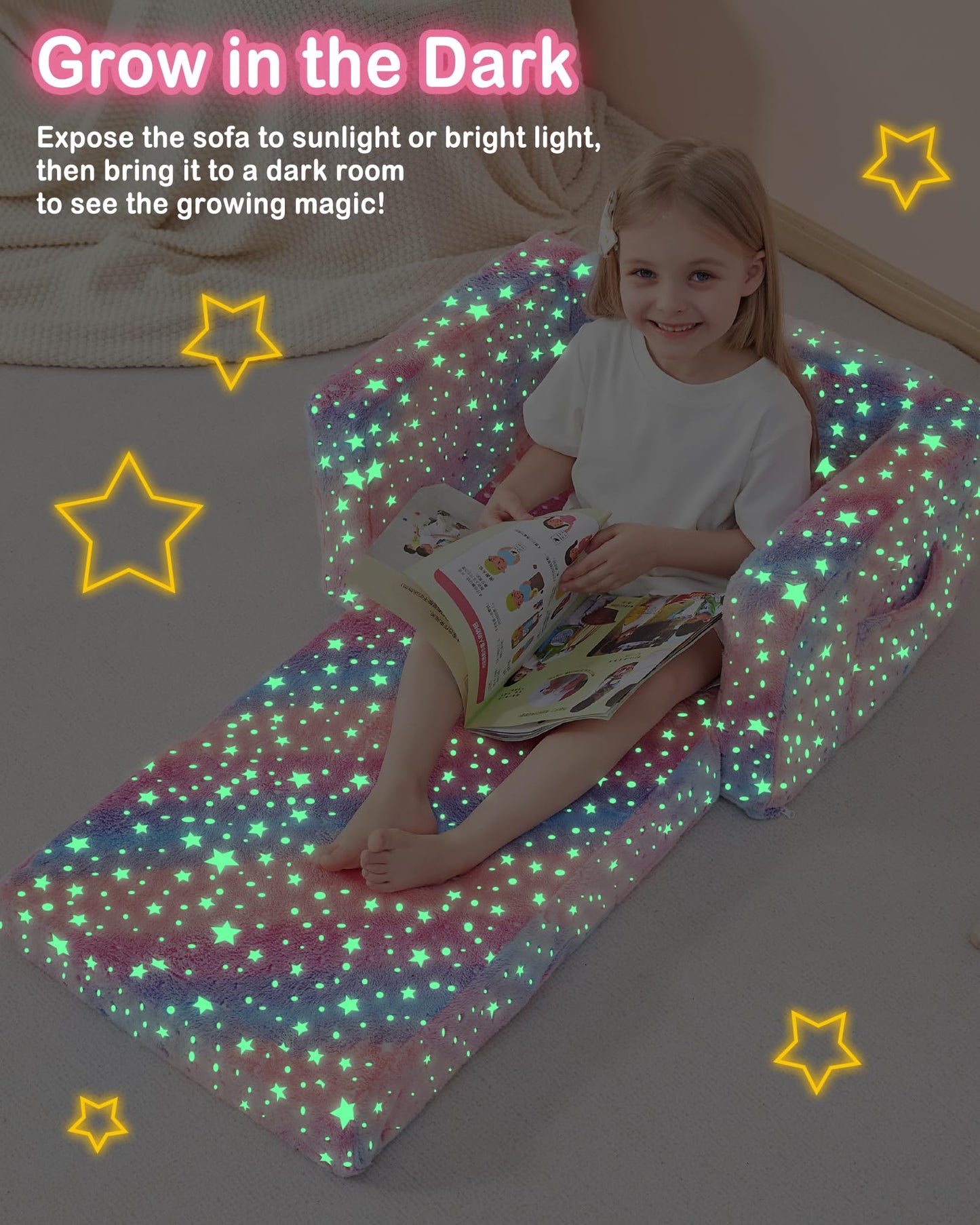 lasoftan Toddler Couch, 2-in-1 Soft Kids Couch Bed Fold Out, Toddler Chairs Comfy for Boys & Girls, Convertible Kids Sofa to Lounge for Playroom, Gift for Birthday, Children's Day- Glow Star