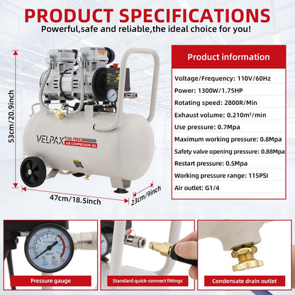 Ultra Quiet Air Compressor, Only 68dB, 8 Gallon Tank, Oil-Free, 110V/60Hz 1.75HP, 7.42CFM@115PSI, Air Compressor Perfect for Spray Painting, Auto Repair, Tire inflation, Woodwork nailing