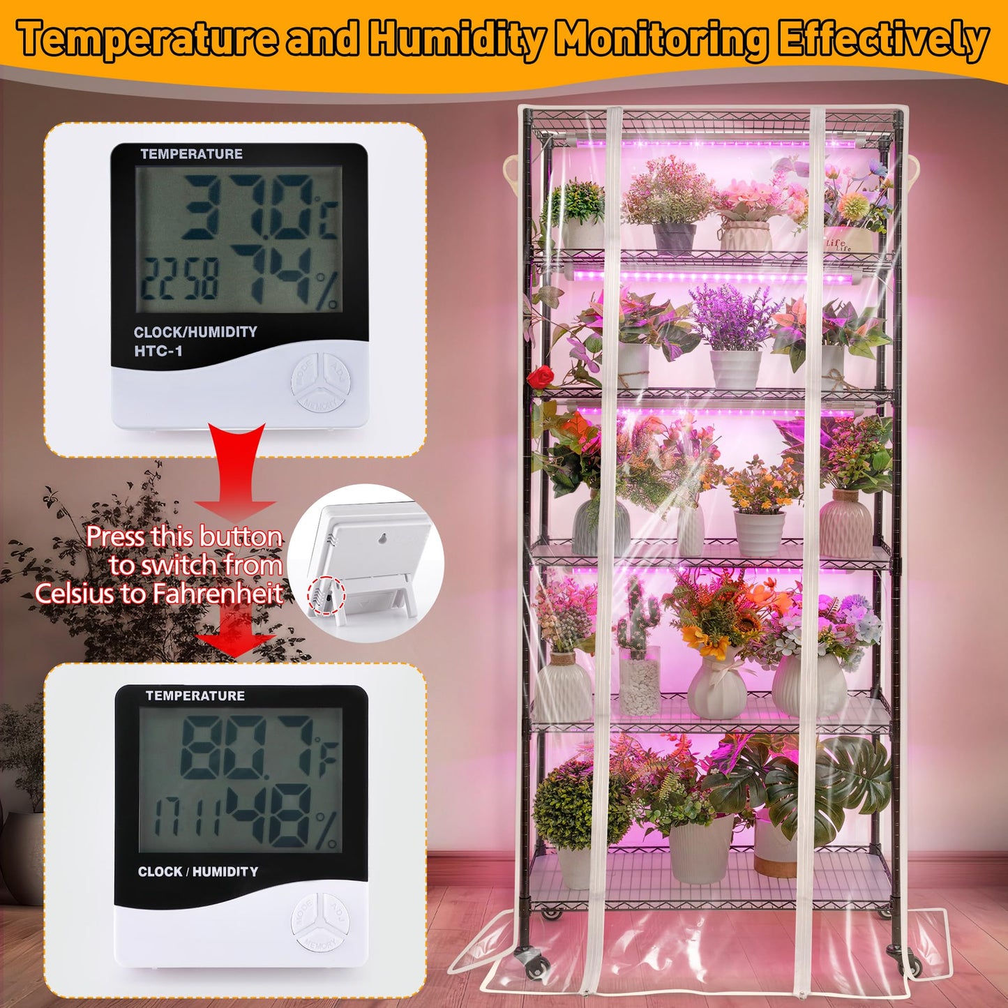 Meonum Indoor Greenhouse with Grow Lights, 6 Tier Metal Plant Shelf with Cover (30" x 13.8" x 70.8"), 5 Pack Full Spectrum Growing Lamps for Seed Starting, Grow Rack with Timer, Thermometer, pH Meter