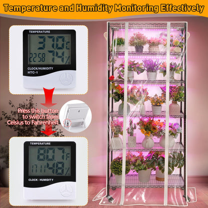 Meonum Indoor Greenhouse with Grow Lights, 6 Tier Metal Plant Shelf with Cover (30" x 13.8" x 70.8"), 5 Pack Full Spectrum Growing Lamps for Seed Starting, Grow Rack with Timer, Thermometer, pH Meter