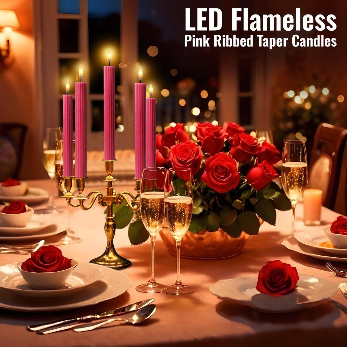 West Ivory 12 Pack, 10" LED Flameless Pink Fluted Ribbed Grooved Taper Candles with 2 Remotes & 24h Timer Memory, On/Off Button, Dimmable, Flicker Mode, Battery Operated, Christmas Menorah Wedding
