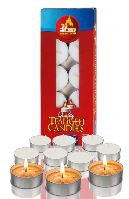Ner Mitzvah Tea Light Candles - 10 Pack - White Unscented Travel, Centerpiece, Decorative Candle - 4.5 Hour Burn Time - Pressed Wax