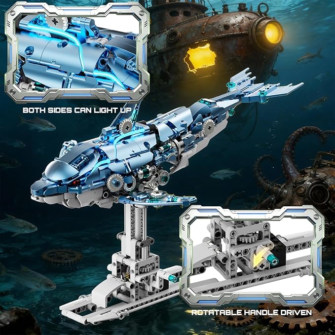 Mechanical Blue Dolphin Building Blocks Set with Hand-Crank &amp Motorized Movement Interactive Detailed Gear Design Display &amp Play Model Futuristic Ocean Animal Model