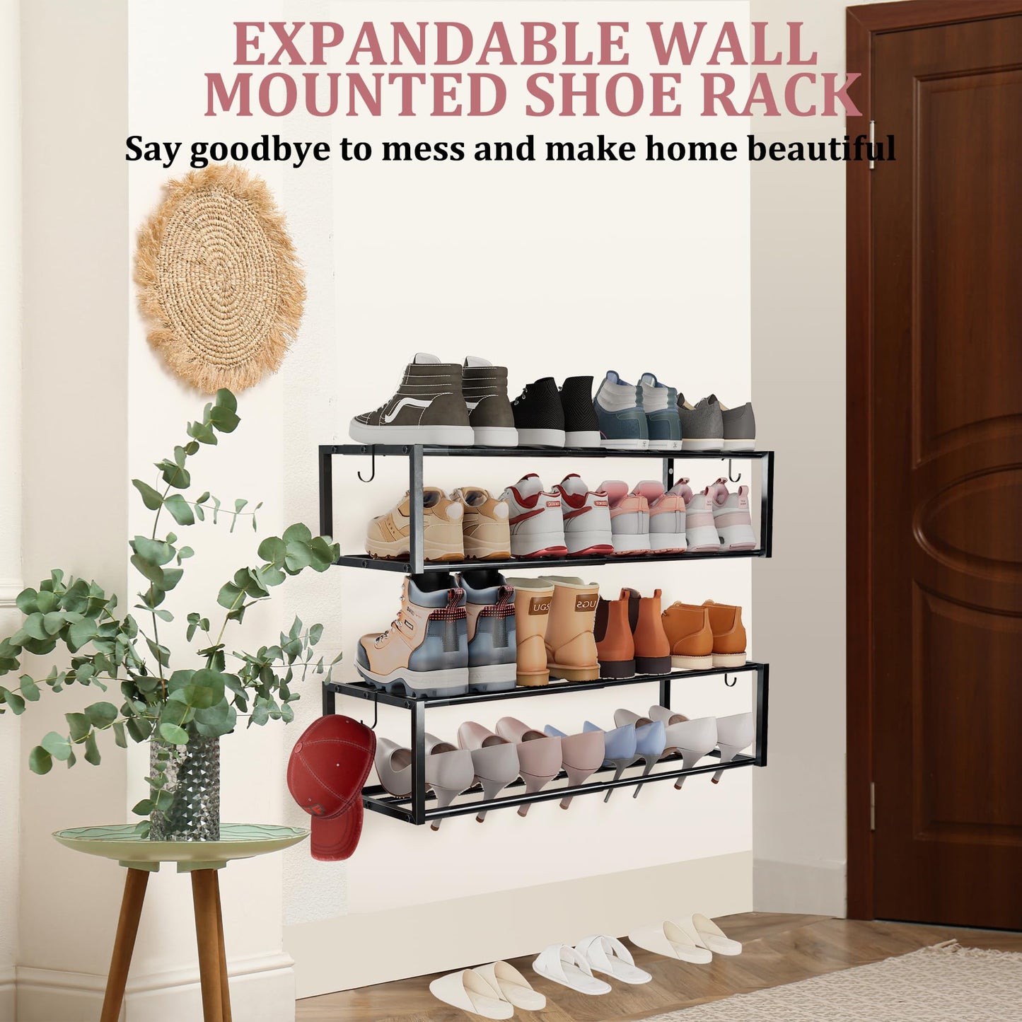 Jchccu 4 Pack Expandable Wall Mounted Shoe Rack, 17"-31" Adjustable Hanging Shoe Rack Holds 32 Pairs, Heavy Duty Metal Shoe Holder with 8 Storage Hooks, Space Saving for Entryway Closet Doorway（Black