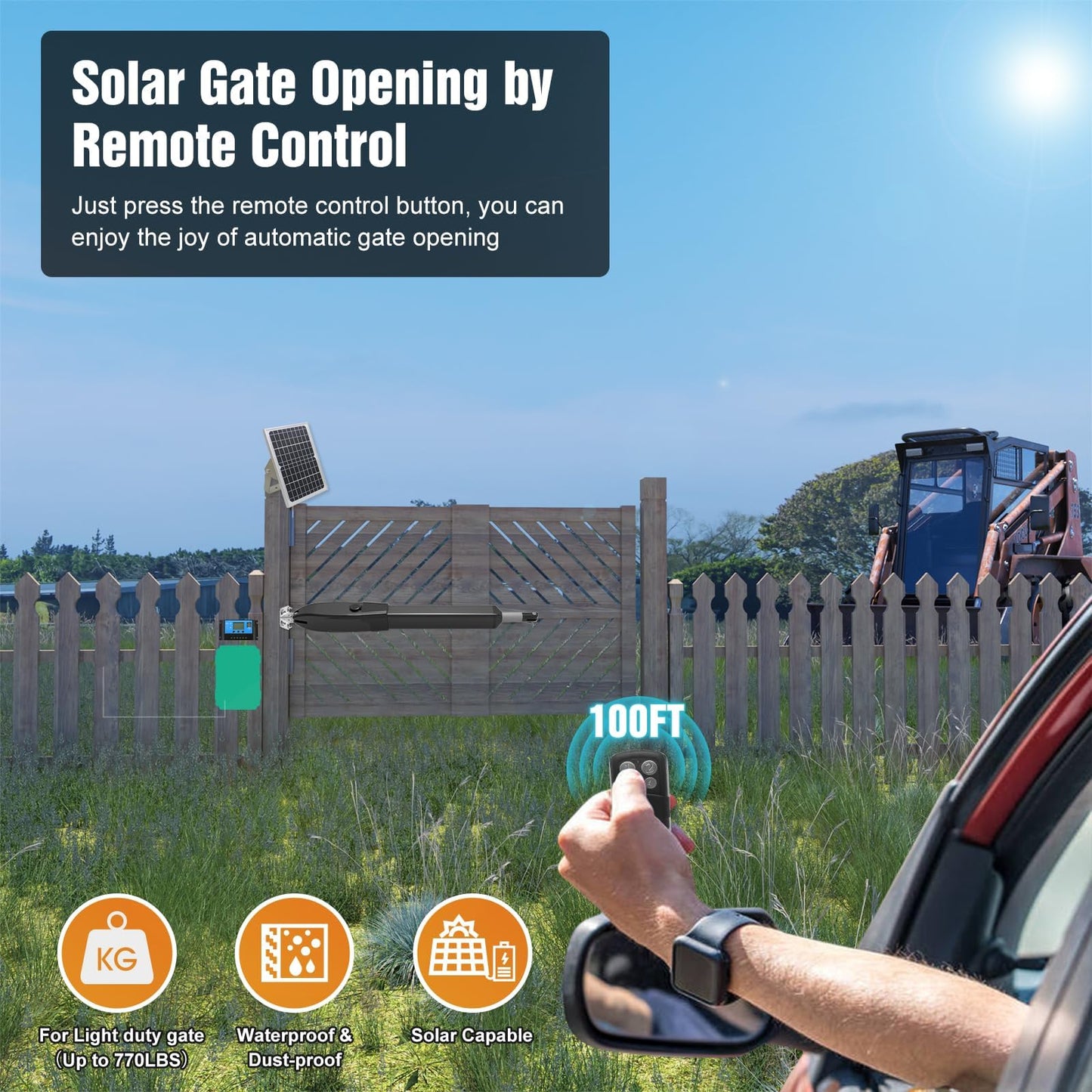 JUJIANG C026 Solar Gate Opener with Batteries & Solar Panel for Single Swing Gates Up to 770lb 16FT Automatic Gate Openers with Remote Complete Kit Medium Duty Automatic Gate Openers Solar Powered