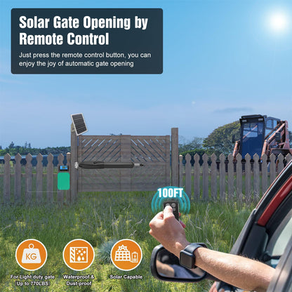 JUJIANG C026 Solar Gate Opener with Batteries & Solar Panel for Single Swing Gates Up to 770lb 16FT Automatic Gate Openers with Remote Complete Kit Medium Duty Automatic Gate Openers Solar Powered