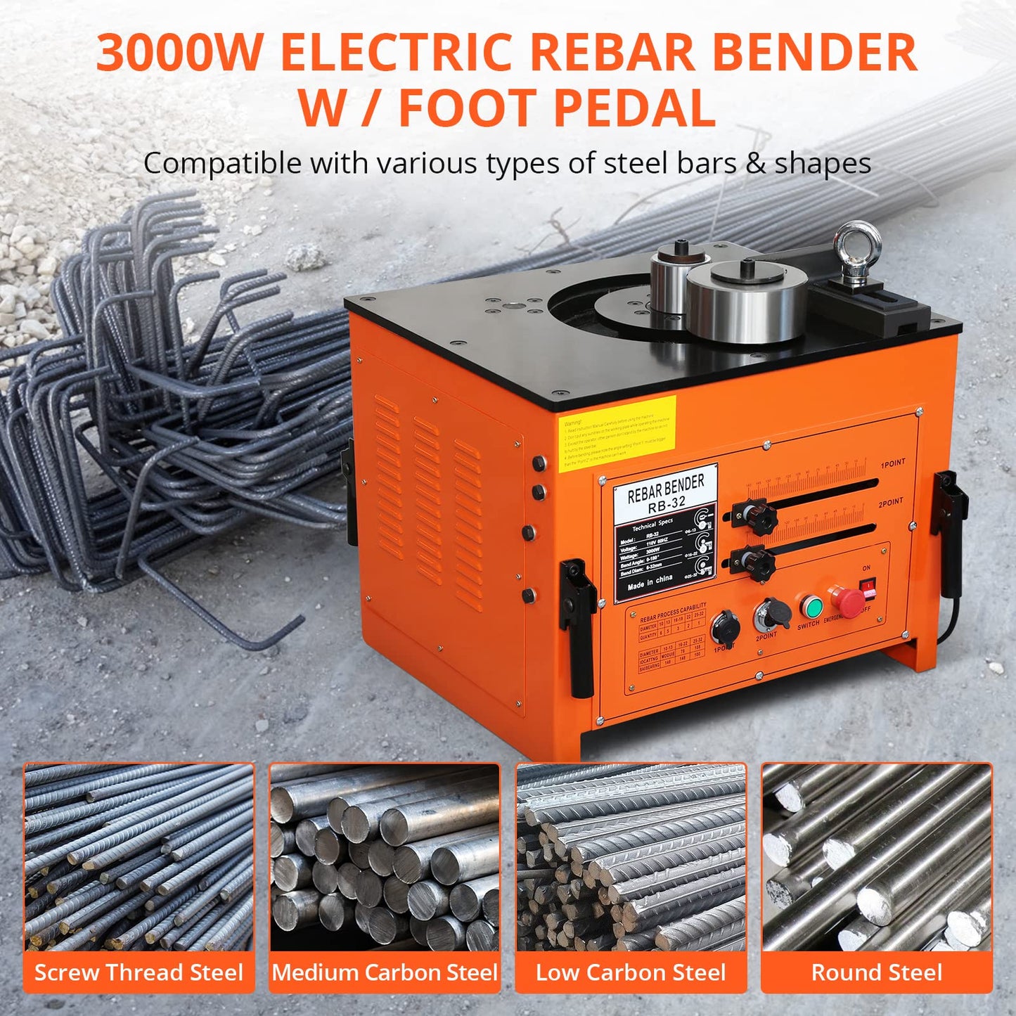 GarveeTech 3000W Electric Rebar Bender up to 1.3 in with Our Electric Bender - Achieve 0-180° Angles, Operate with Convenient Foot Pedal Switch, Powerful 3000W Motor