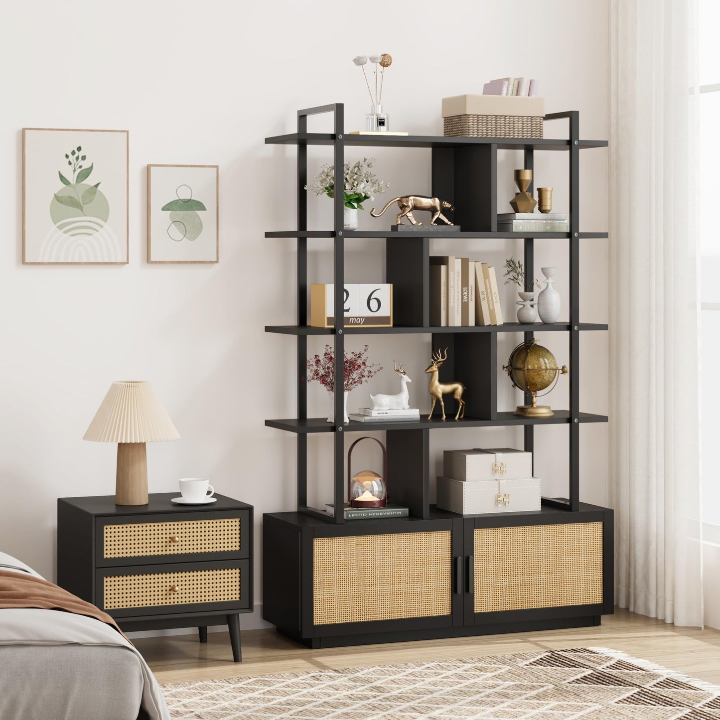 CABIHOME 5 Tier Rattan Bookshelf with Storage Cabinet & Door, 71.1 Inch Tall Industrial Book Shelf with Open Display Shelves, 5 Shelf Bookcase with Metal Frame for Living Room, Bedroom (Black)