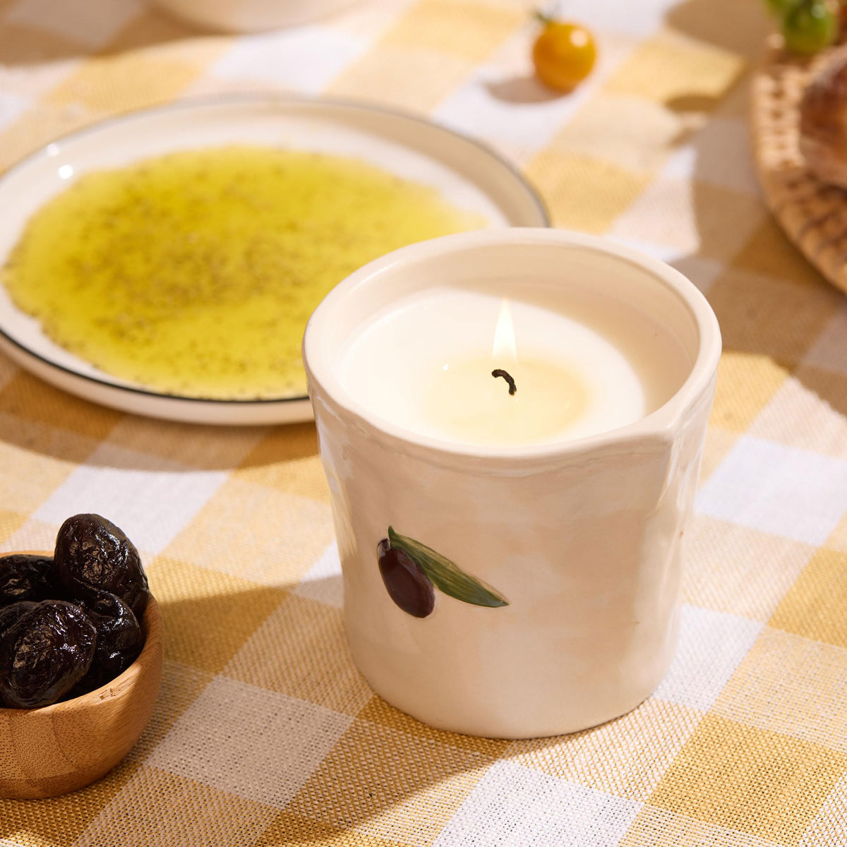 Paddywax Bistro Hand Painted Scented Candle in Ceramic Reusable Food-Safe Jar with Gift Box, Soy Candle with Approx. 56 Hour Burn Time, Fig & Olive, 8 oz