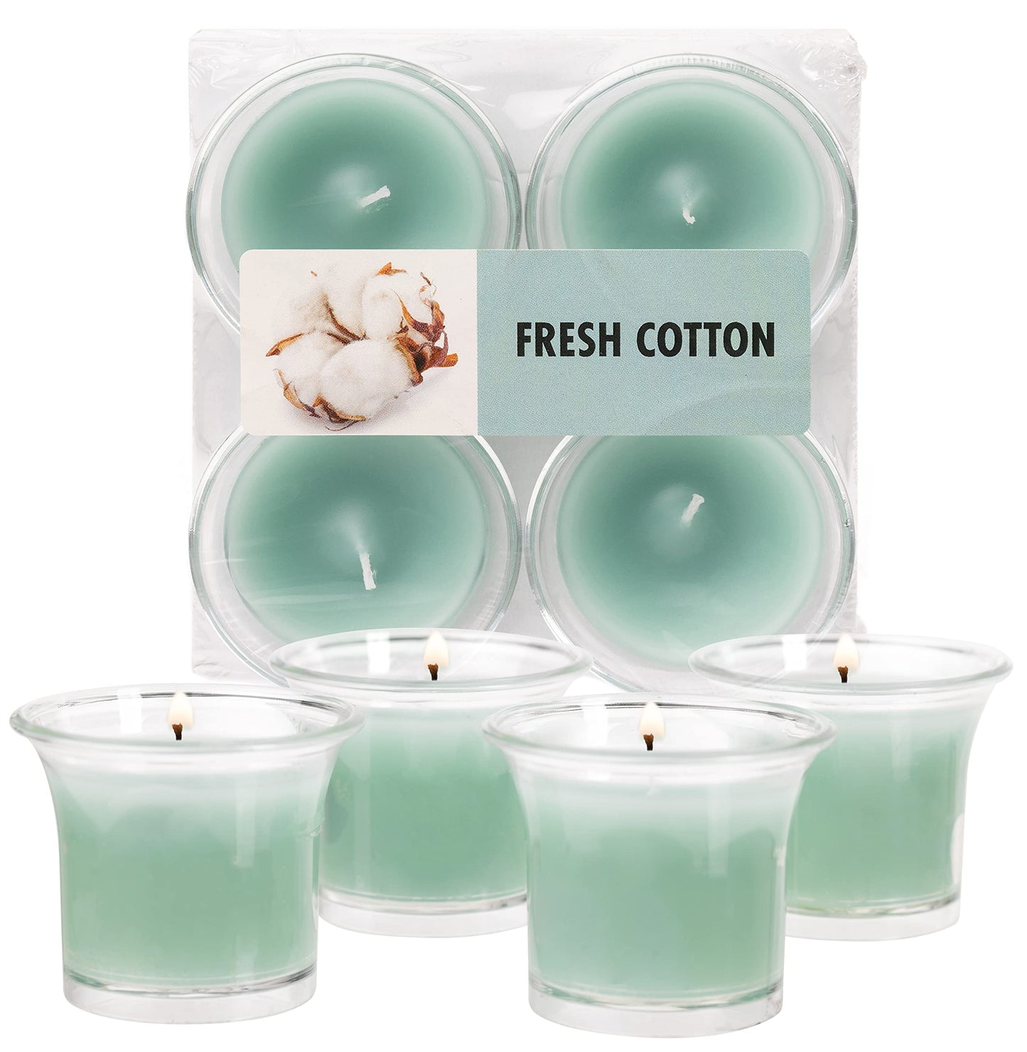Hyoola Clear Cup Scented Votive Candles - Fresh Cotton - 12 Hour Burn Time - 4 Pack - European Made