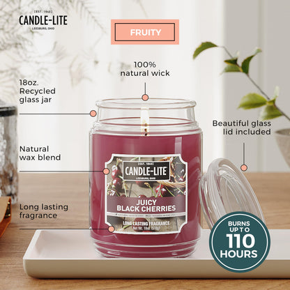 CANDLE-LITE Scented Juicy Black Cherries Fragrance, One 18 oz. Single-Wick Aromatherapy Candle with 110 Hours of Burn Time, Dark Red Color, Jar
