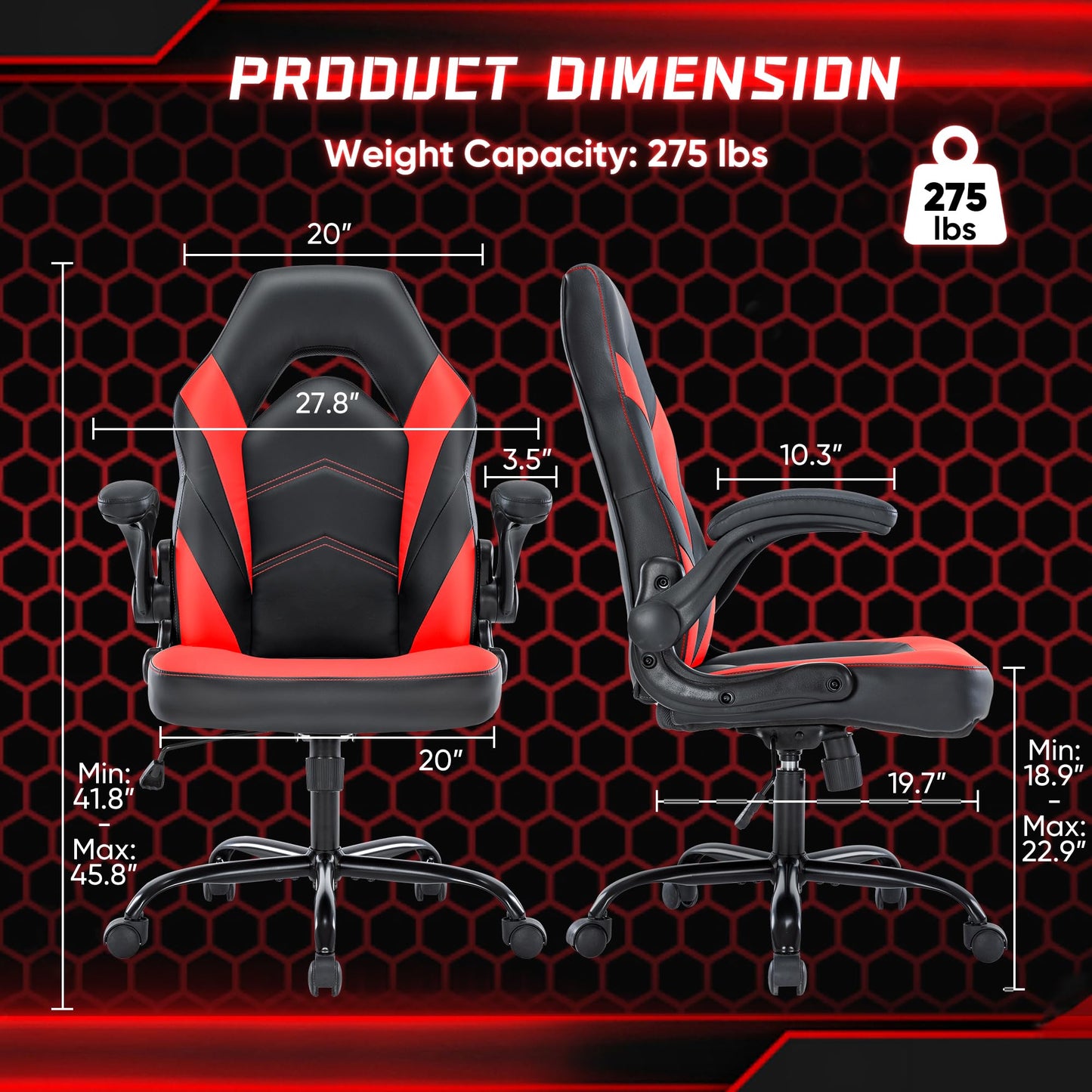 OLIXIS PU Leather Height Adjustable Computer Chair - Big and Tall Ergonomic Comfy Back Support Gaming Chair with Flip-up Armrest and 360° Swivel Wheels, for Home and Office, Red