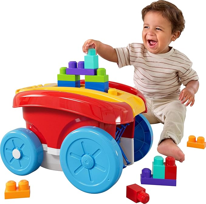 MEGA BLOKS First Builders Toddler Building Toy Block Scooping Pull Wagon with 20 Pieces and Built-in Storage Picks Up Blocks Red Kids Ages 1+