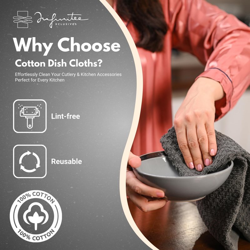 Infinitee Xclusives Premium Dish Cloth 100% Cotton 12 x 12 Inches |Pack of 4| - Ultra Soft Tea Towels - Highly Absorbent Kitchen Rags - Terry Dishcloth for Kitchen and Household Cleaning |Grey|