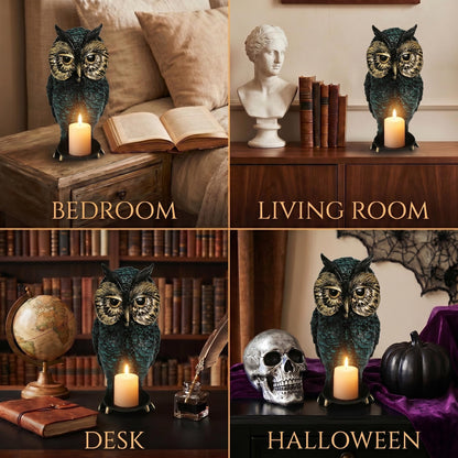 Gothic Home Decor Owl Candle Holder Tealight Stand Resin Statue for Living Room Bedroom Halloween Spooky Ornaments Unique Bird Decor Blue