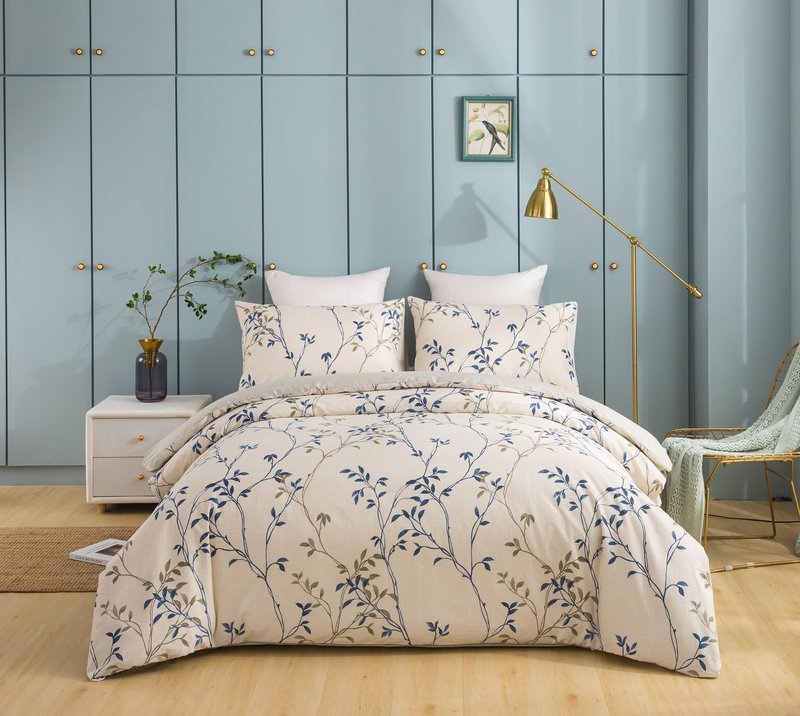 Tache Elegant Leaf Vine Nature Earthy Floral Neutral Cream Beige Tan Blue Breathable Poplin Cotton Zipper Duvet Cover, California King