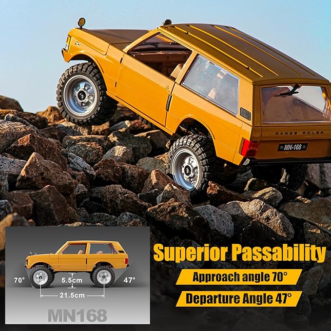 MN-168 1/12 RC Crawler Ranger Rover 1970 RC Truck 4x4 Off Road Car 2.4GHz RC Rock Climber Vehicles with 7.4V 1200mAh Battery RTR for Adults (Yellow)