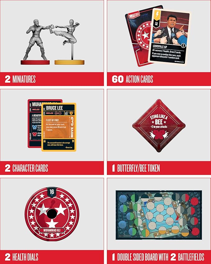 Restoration Games Unmatched Muhammad Ali vs Bruce Lee - Strategy Board Game for 2 Players - Heroes Expansion with Miniatures Unique Decks and Abilities - 20 Min Playtime - Ages 9+