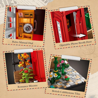 Reobrix Building Block Set - London Landmark Red Telephone Booth Model with LED Lights | 1707 PCS Retro Decor