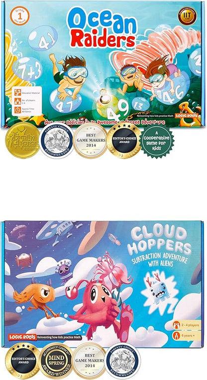 Addition and Subtraction Game - Fun Math Board Game for 6-8 Year Olds Easy to Play Educational Game for Kids at Home STEM Toy Gift for Girls &amp Boys (Ocean Raiders + Cloud Hoppers)