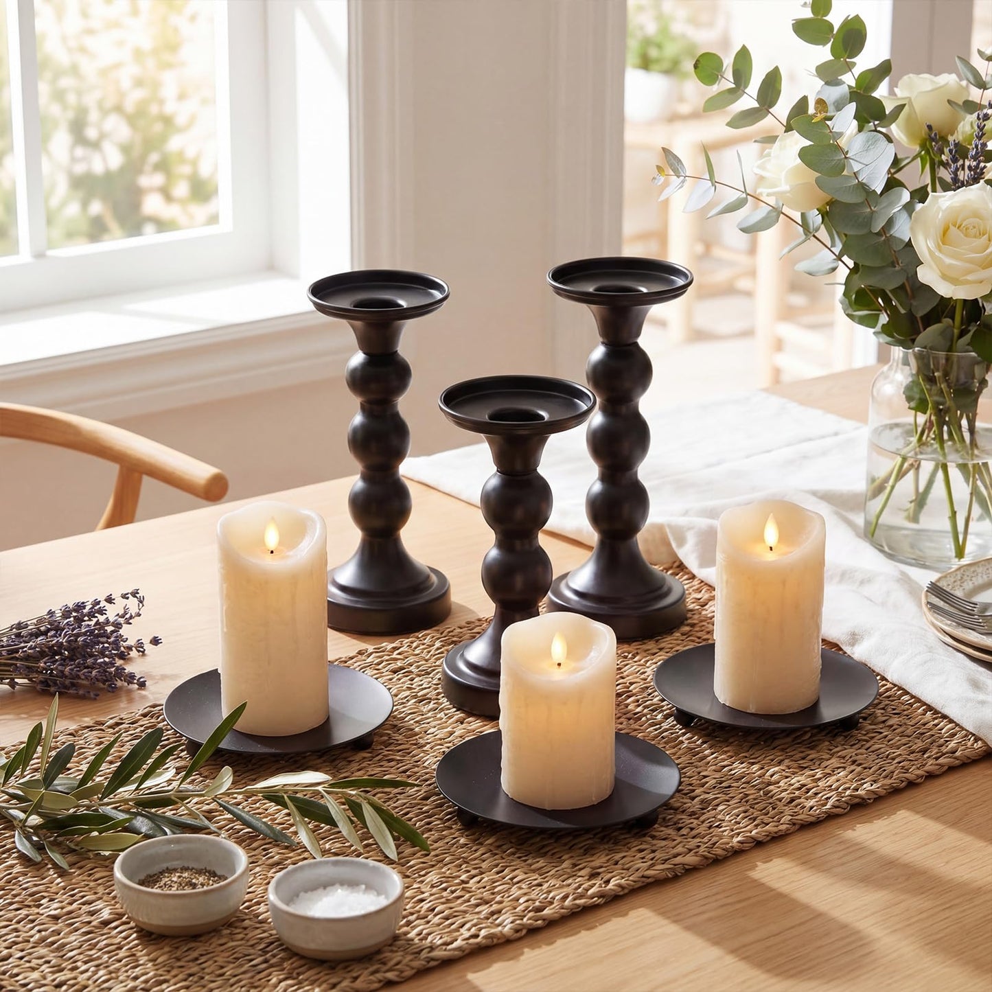 Vesici 12 Pcs Candlestick Holder Plate Pillar Candle Holder Candles Stand Decorative Centerpieces for Table Wedding Events Party Living Room Housewarming Gift (Baking Paint,Size 2,Black)