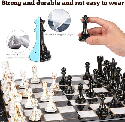 15 Large Chess Set for Adults with Weighted Acrylic Chess Pieces 3.5 King &amp Portable Folding Marbling Wooden Chess Board Travel Chess Sets Family Board Game Gift – Elegant Classic Chess Game