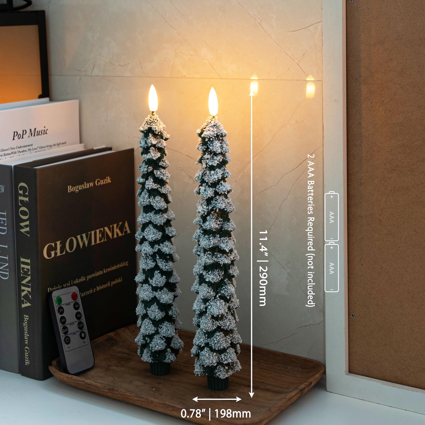 AFINETH Christmas Tree Candles with 3D Wick, 11.4" Green Real Wax Flameless Taper Candles with Remote, Flickering LED Xmas Candlesticks Battery Operated Candle for Home, Party Decor, 2 Pack