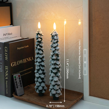 AFINETH Christmas Tree Candles with 3D Wick, 11.4" Green Real Wax Flameless Taper Candles with Remote, Flickering LED Xmas Candlesticks Battery Operated Candle for Home, Party Decor, 2 Pack