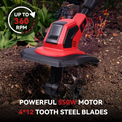 Cordless Tiller Cultivator, 360RPM Electric Garden Tiller with 2×3.0AH Batteries & 1.5A Fast Charger, Battery Powered Garden Cultivator, 9.5In Tilling Width & 6.7In Depth Garden Rototiller