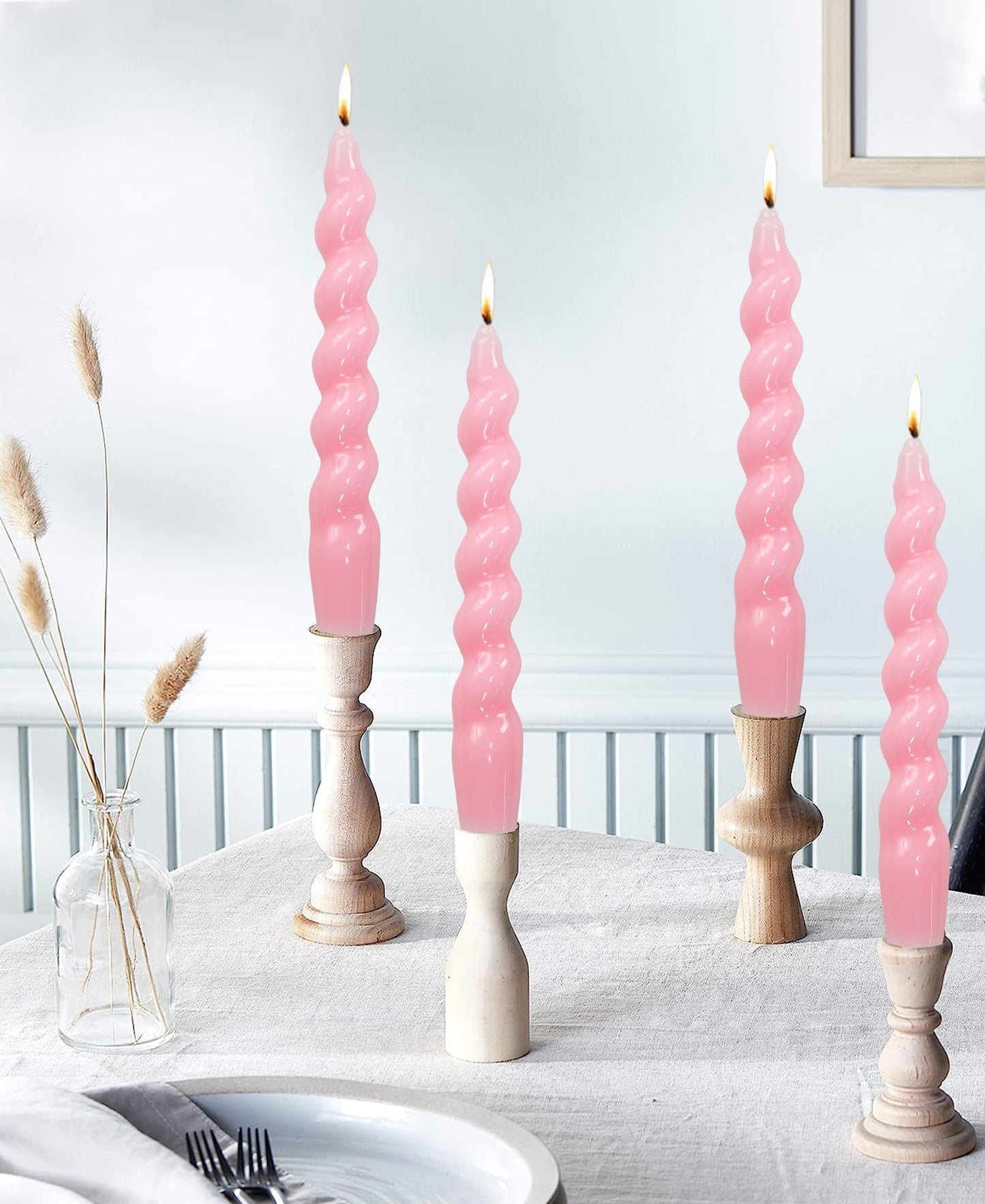 LPUSA Pink Spiral Taper Dinner Candles Conical Stick Candles Wax Unscented Dinner Candle Dripless for Home Decor, Relaxation Set of 4（7.6" Baby Pink）