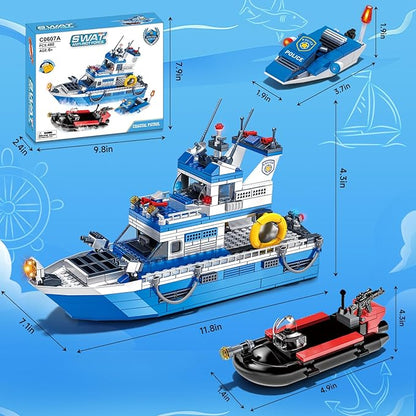 Police Boat Building Set 480 Pcs City Boat STEM Building Toy Including Kayaks and Police Speedboats Toy Christmas Birthday Gift for Kids Boys Girls 6 7 8 9 10+