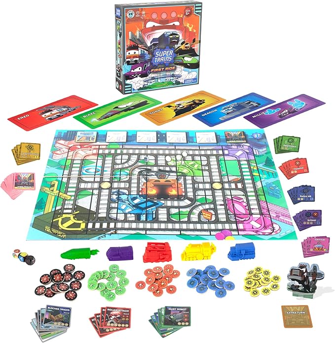 Super Trains: First Ride Super Hero Train Game – Kids &amp Family Board Game Ages 5–10 Dice Rolling Strategy 2–5 Players